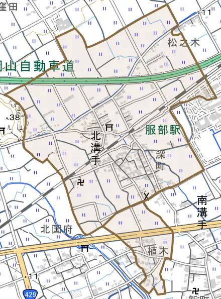 北溝手とその周辺の地図。町の範囲を重ねている