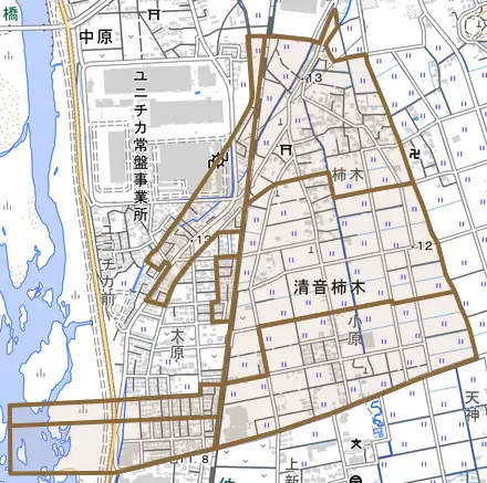 清音柿木とその周辺の地図。町の範囲を重ねている