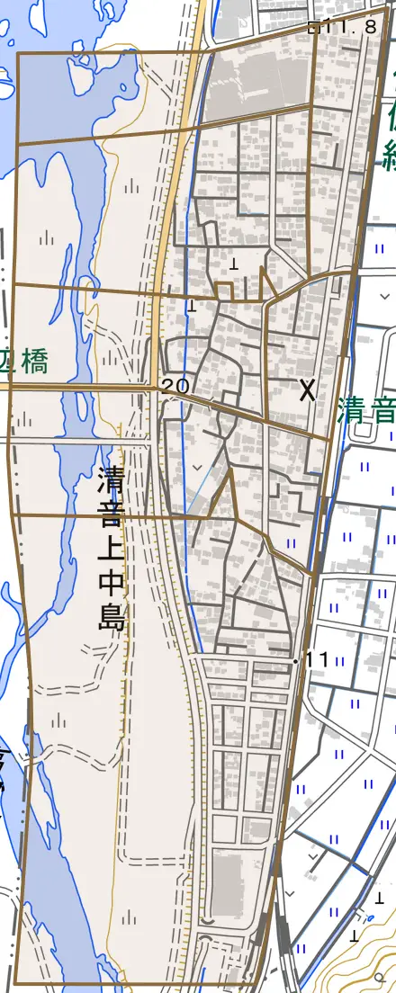 清音上中島とその周辺の地図。町の範囲を重ねている