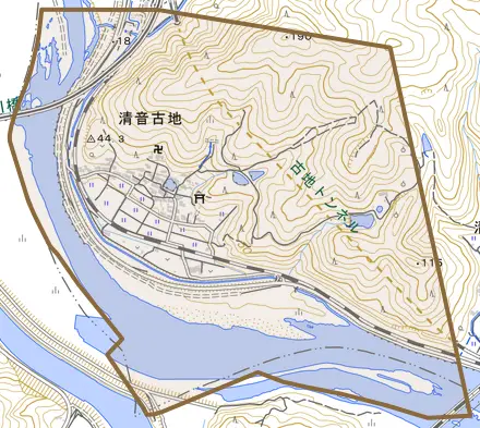清音古地とその周辺の地図。町の範囲を重ねている