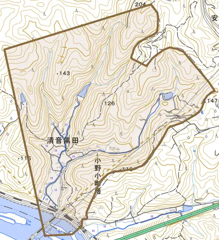 清音黒田とその周辺の地図。町の範囲を重ねている
