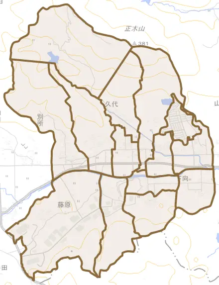 久代とその周辺の地図。町の範囲を重ねている