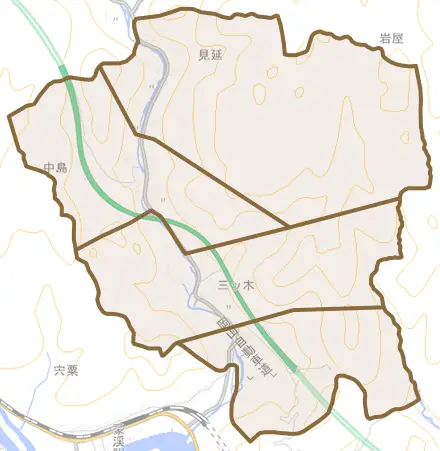 見延とその周辺の地図。町の範囲を重ねている