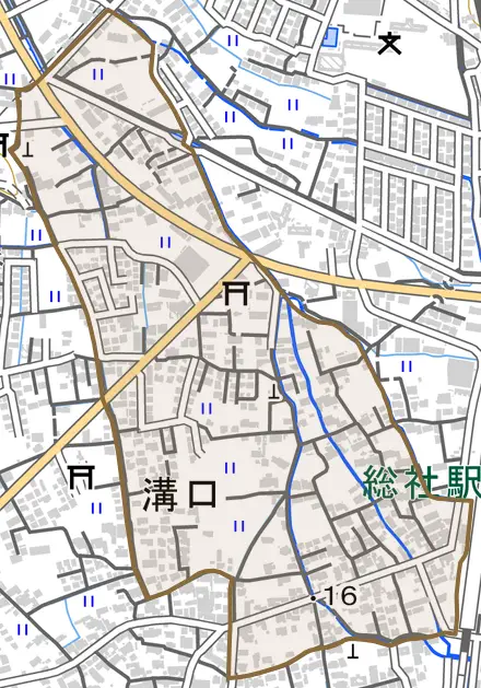 溝口とその周辺の地図。町の範囲を重ねている