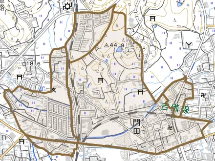 門田とその周辺の地図。町の範囲を重ねている