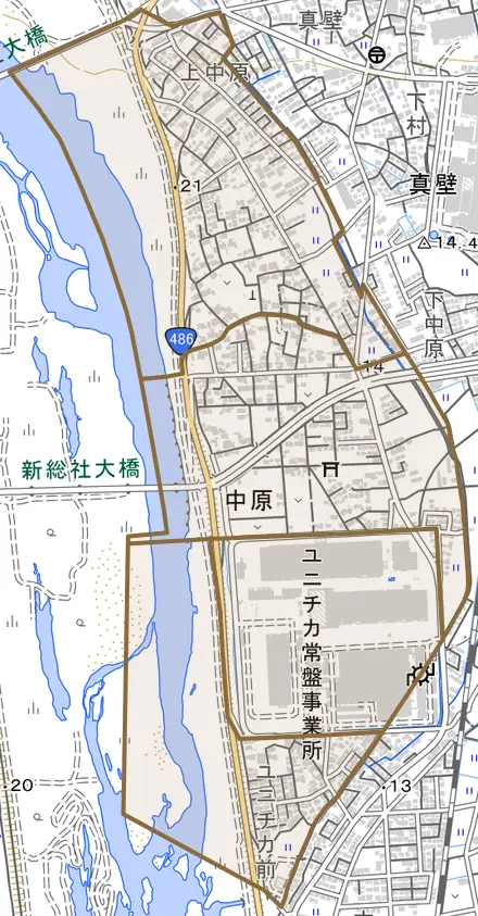 中原とその周辺の地図。町の範囲を重ねている