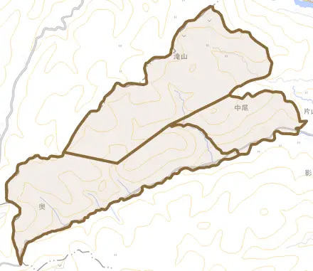 中尾とその周辺の地図。町の範囲を重ねている