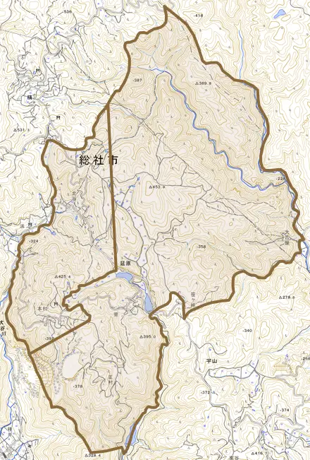 延原とその周辺の地図。町の範囲を重ねている