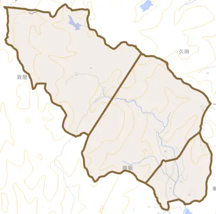 奥坂とその周辺の地図。町の範囲を重ねている