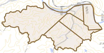下倉とその周辺の地図。町の範囲を重ねている