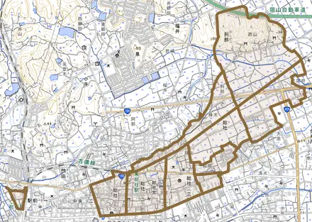 総社とその周辺の地図。町の範囲を重ねている