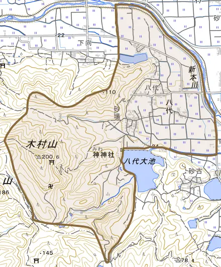 八代とその周辺の地図。町の範囲を重ねている