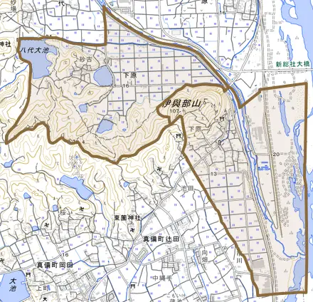 下原とその周辺の地図。町の範囲を重ねている