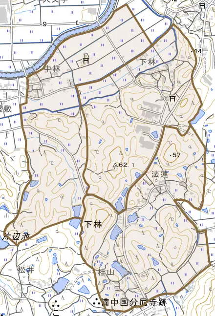 下林とその周辺の地図。町の範囲を重ねている