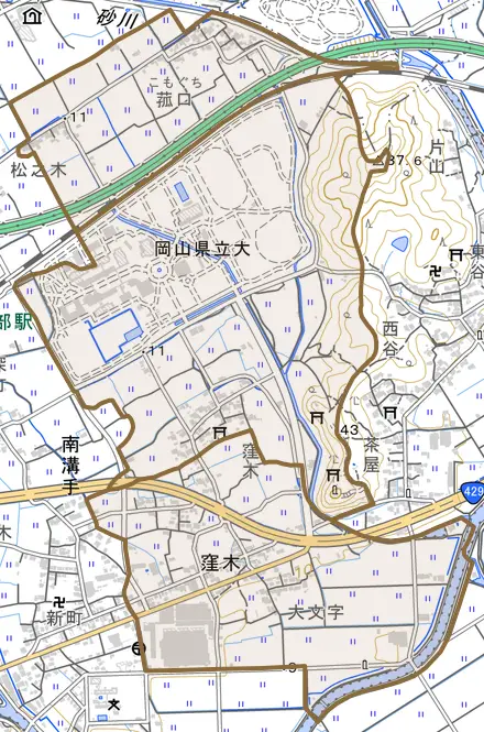 窪木とその周辺の地図。町の範囲を重ねている