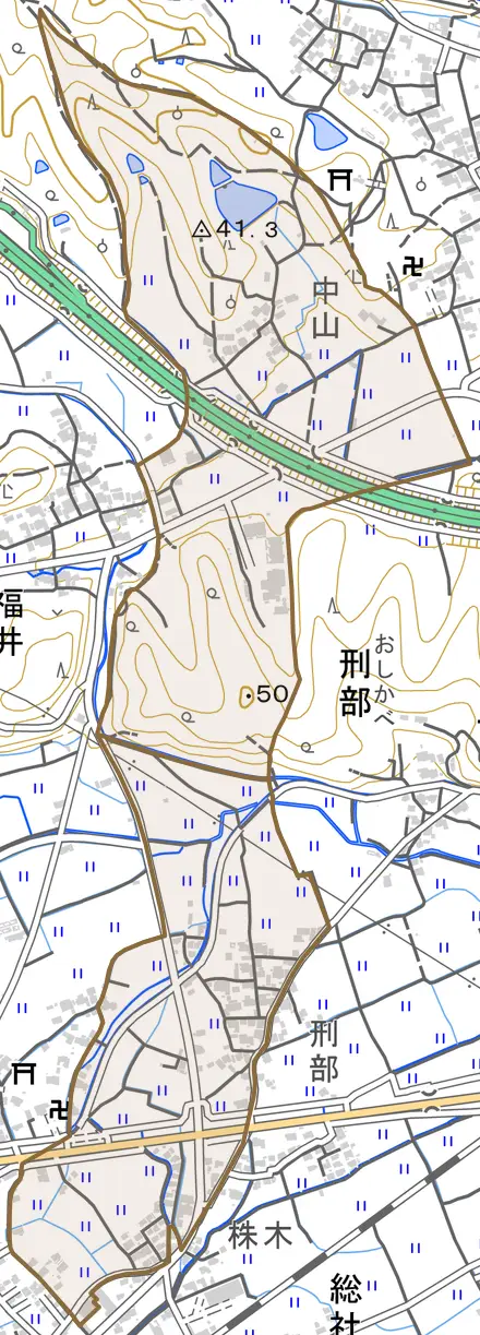 刑部とその周辺の地図。町の範囲を重ねている