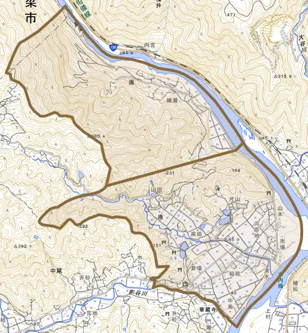 原とその周辺の地図。町の範囲を重ねている