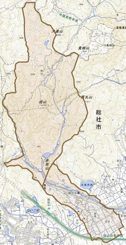 黒尾とその周辺の地図。町の範囲を重ねている