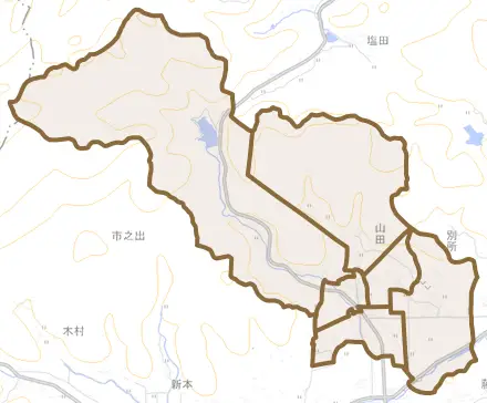 山田とその周辺の地図。町の範囲を重ねている