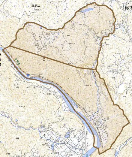 種井とその周辺の地図。町の範囲を重ねている