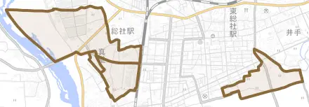 真壁とその周辺の地図。町の範囲を重ねている