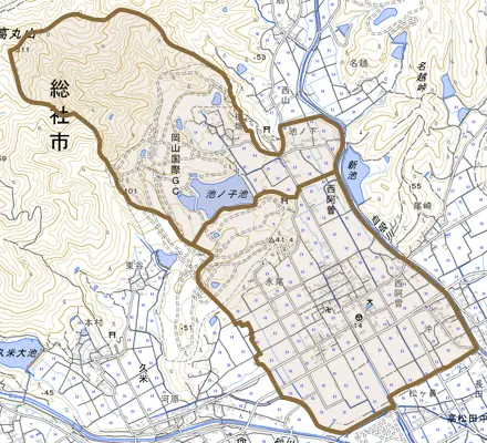 西阿曽とその周辺の地図。町の範囲を重ねている