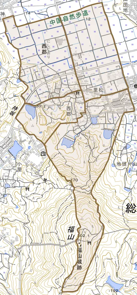 西郡とその周辺の地図。町の範囲を重ねている