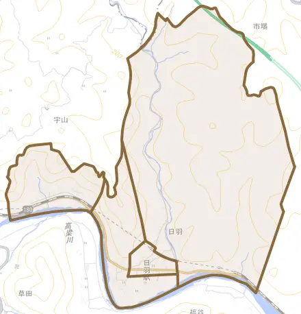 日羽とその周辺の地図。町の範囲を重ねている