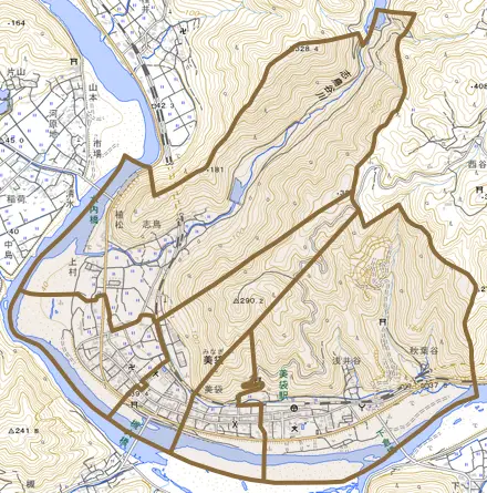 美袋とその周辺の地図。町の範囲を重ねている