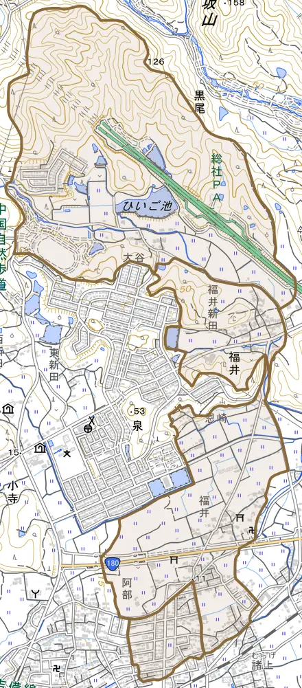 福井とその周辺の地図。町の範囲を重ねている