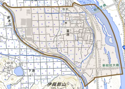 富原とその周辺の地図。町の範囲を重ねている