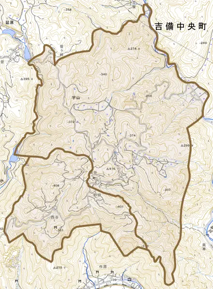 宇山とその周辺の地図。町の範囲を重ねている