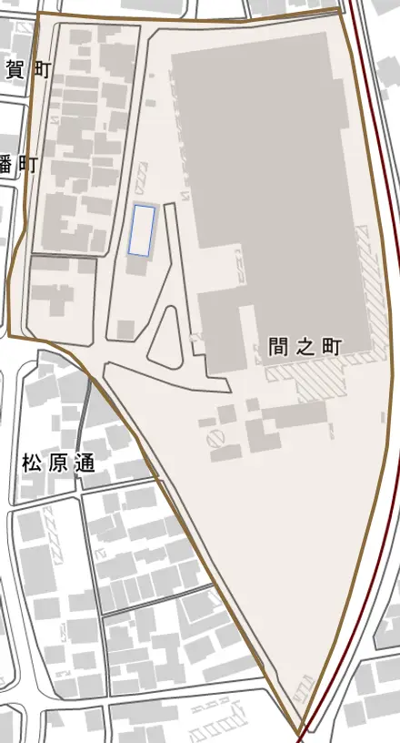 間之町とその周辺の地図。町の範囲を重ねている