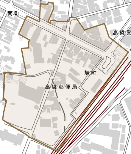 旭町とその周辺の地図。町の範囲を重ねている