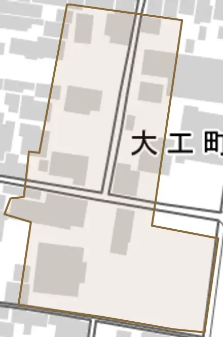 大工町とその周辺の地図。町の範囲を重ねている