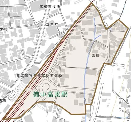 浜町とその周辺の地図。町の範囲を重ねている