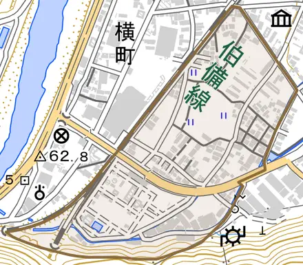 原田南町とその周辺の地図。町の範囲を重ねている