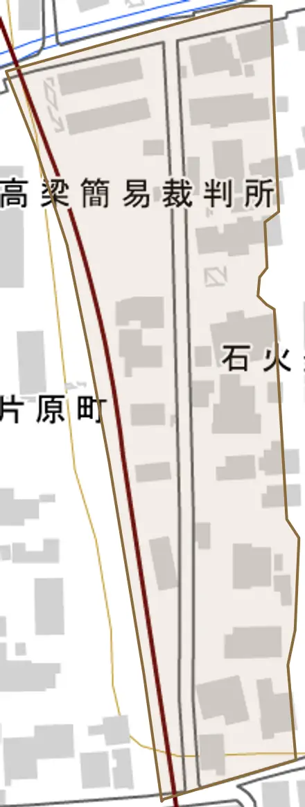 石火矢町とその周辺の地図。町の範囲を重ねている