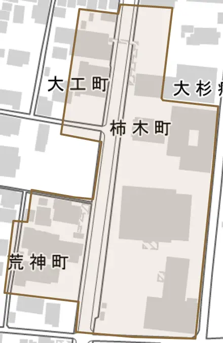 柿木町とその周辺の地図。町の範囲を重ねている