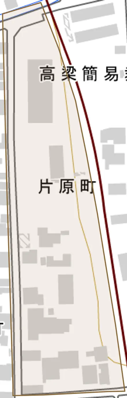 片原町とその周辺の地図。町の範囲を重ねている