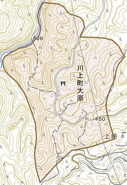 川上町大原とその周辺の地図。町の範囲を重ねている
