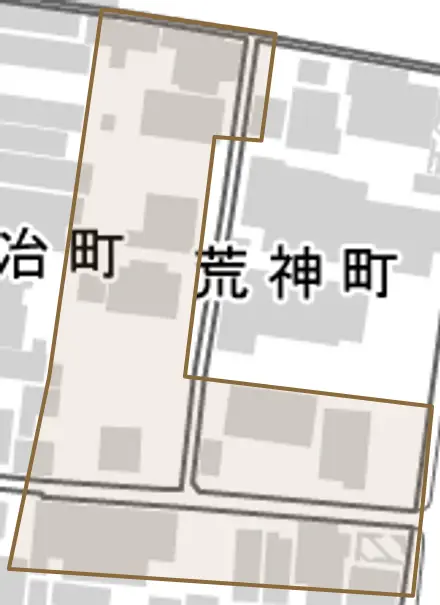 荒神町とその周辺の地図。町の範囲を重ねている