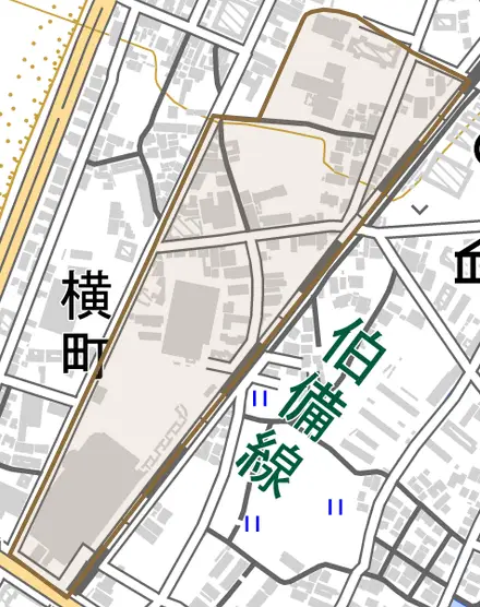 中原町とその周辺の地図。町の範囲を重ねている