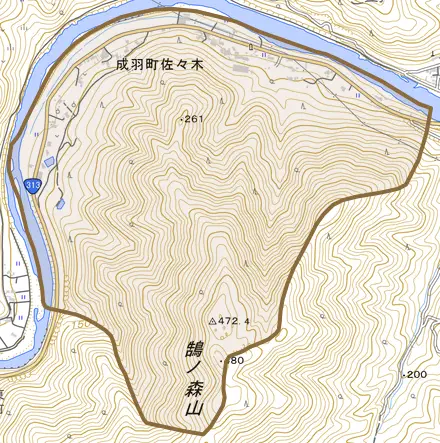 成羽町佐々木とその周辺の地図。町の範囲を重ねている