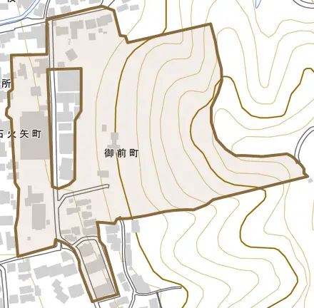 御前町とその周辺の地図。町の範囲を重ねている