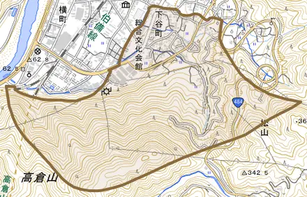 下谷町とその周辺の地図。町の範囲を重ねている
