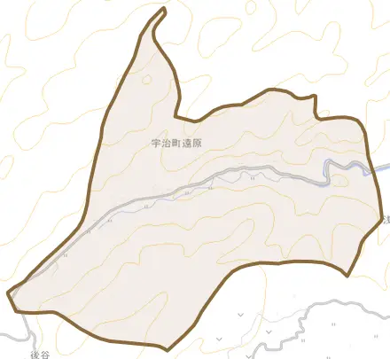 宇治町遠原とその周辺の地図。町の範囲を重ねている