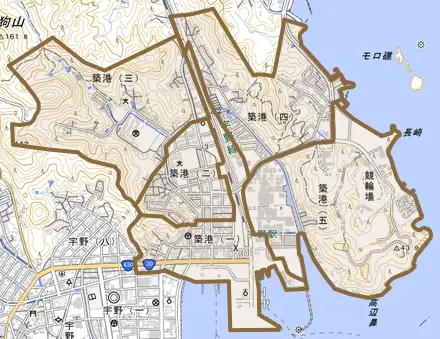 築港とその周辺の地図。町の範囲を重ねている