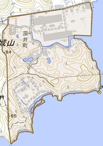 深井町とその周辺の地図。町の範囲を重ねている