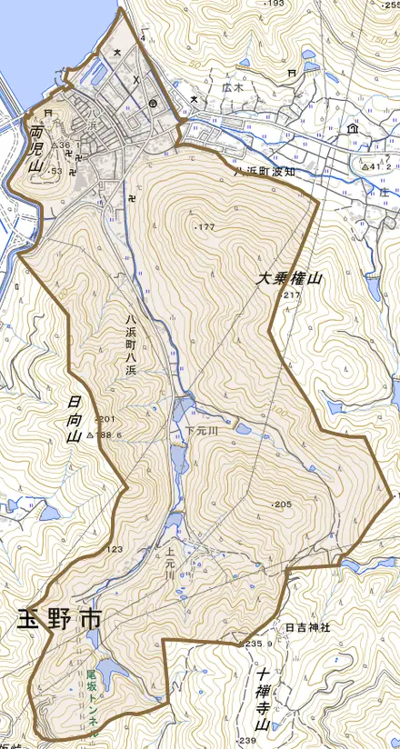 八浜町八浜とその周辺の地図。町の範囲を重ねている